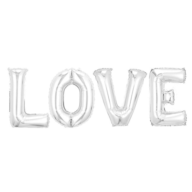 Set 4 Baloane din Folie Metalizata, ANGELBEAR, Figurine Litere, Model Scris Love, Tema Iubire, 80 cm, Ambalaj Individual, Pai Inclus, Umflare cu Aer sau Heliu, Argintiu